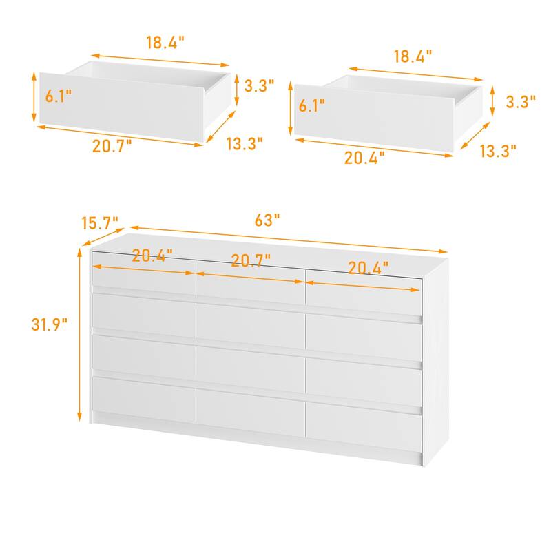 Modern 12-Drawer Bedroom Dresser - Sleek Storage Chest, White or Black