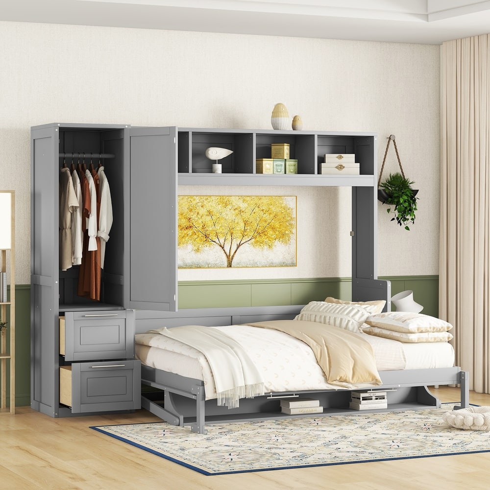 Multifunctional Murphy Bed with Top Shelf, Wardrobe, Drawers and Rack