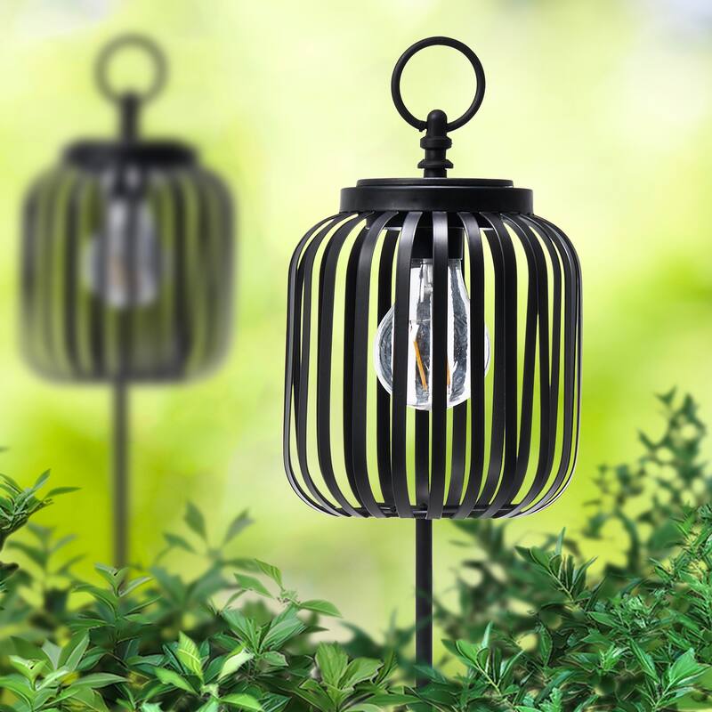 Glitzhome Metal Stripes Waterproof Solar Powered Outdoor Lantern with Garden Stake - 2PCS Column
