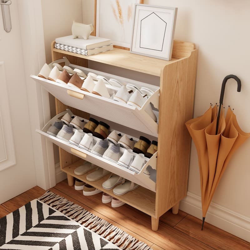 Shoe Cabinet with 2 Flip Drawers, 31.5 Inch Slim Shoe Organizer, Freestanding Hidden Narrow Shoe Rack Cabinet