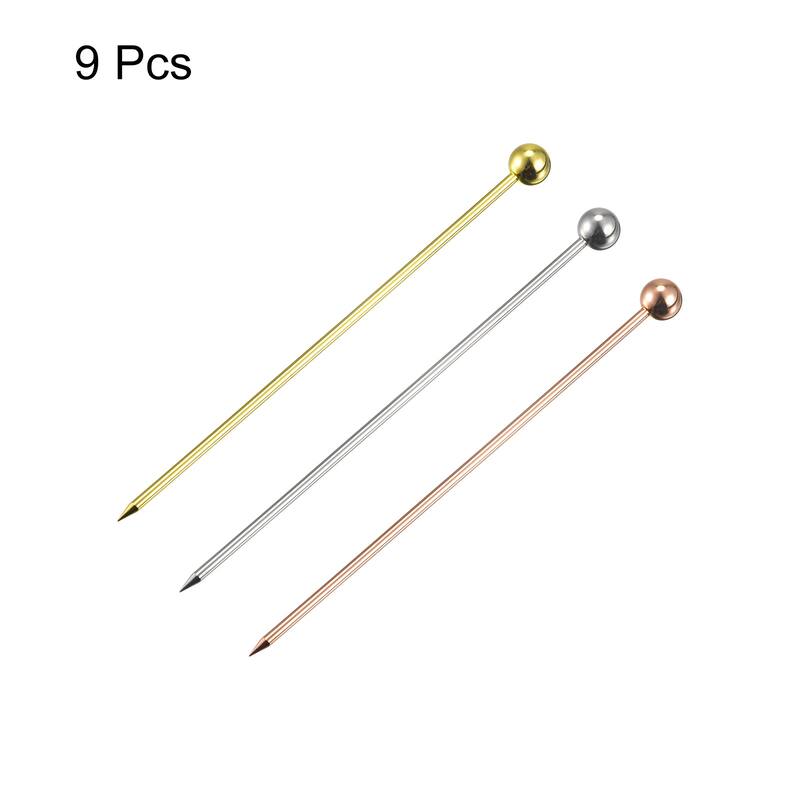 Metal Cocktail Toothpicks Round Bead Drink Picks 9Pcs (Silver, Gold, Rose Gold) - 4.25"