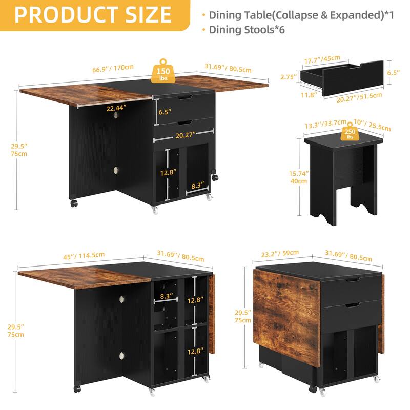 Moasis Modern Folding Dining Set with 6 Wheels Drop Leaf Table and Storage Stools