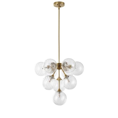 Modern 10-Light Chandelier with Swirl Clear Glass Globes and Brass Finish