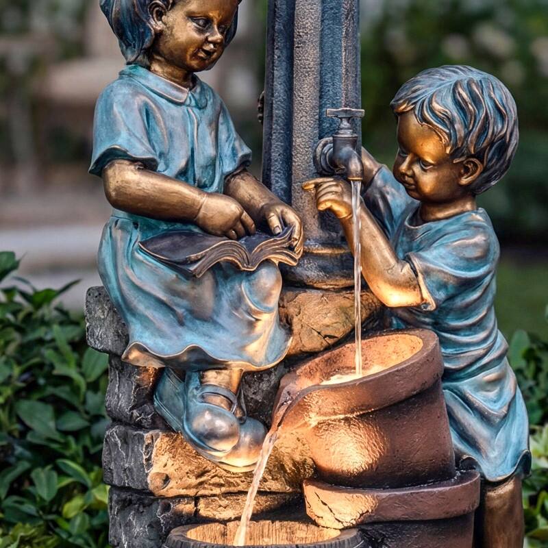 Vbal 3-Tier Outdoor Fountain with Kid and Owl Figures with LED Lights Weather Resistant for Outdoor Decor