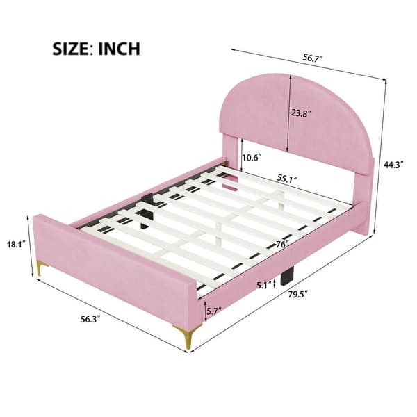 dimension image slide 0 of 6, Twin/Full Size Velvet Bed Frame with Classic Semi-circle Shaped Headboard, Upholstered Platform Bed w/ Metal Legs for Kids Teens