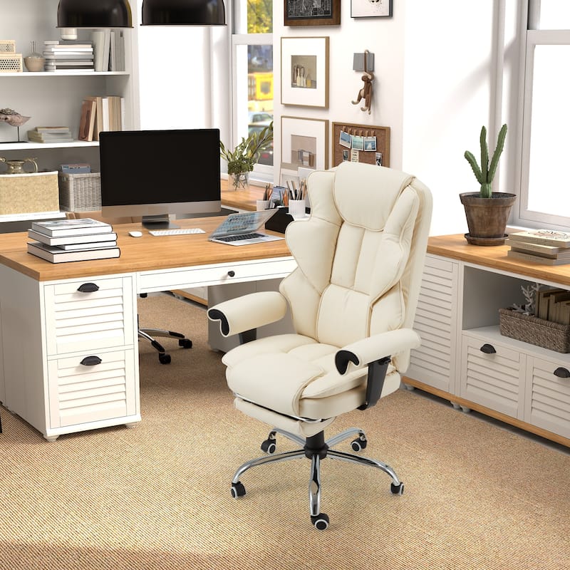 Ergonomic 6-Point Massage Office Chair with Heating, Reclining Function, Retractable Footrest, and Adjustable Armrests - Off White