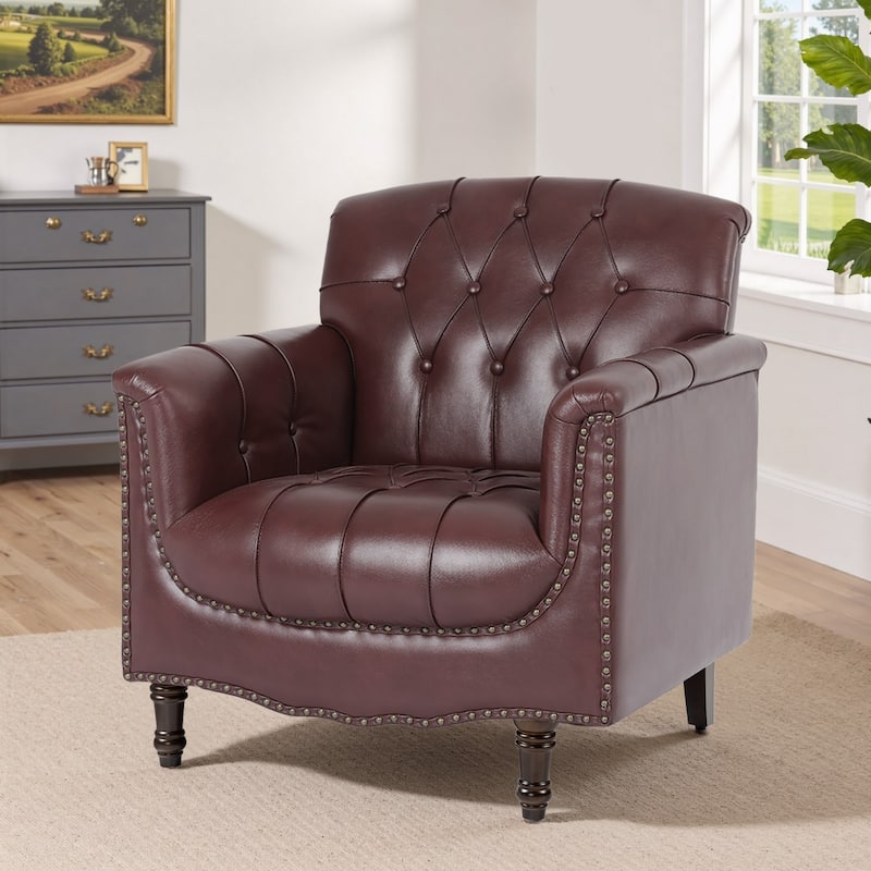 Tufted Accent Chair Vegan Leather Armchair for Living Room - Dark Red