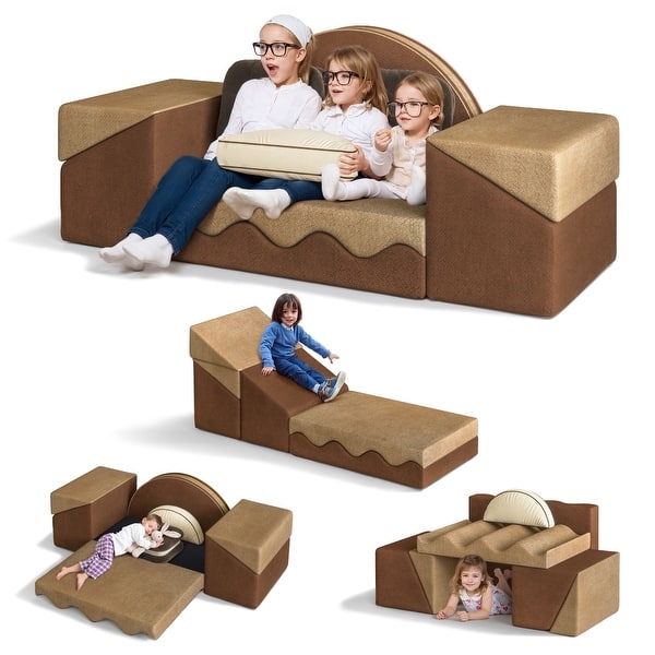 slide 2 of 7, WOWMAX 8PCS Modular Kids Play Couch, Couch Kids Sofa Couch for Playroom Bedroom Living Rooms for Boys and Girls, Toddler Couch Brown