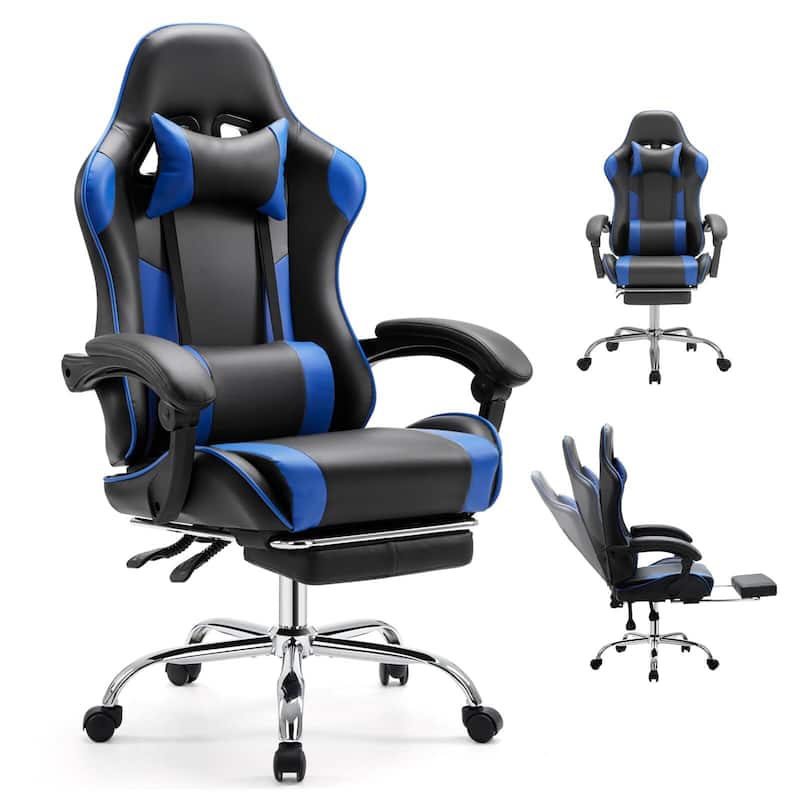 Ergonomic Faux Leather High Back Gaming Chair with Footrest & Linkage Armrests – Black & Gray for Adults - Blue