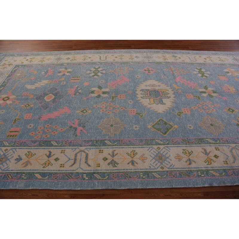Hand Knotted Oriental 100% Wool Carpet Transitional All-Over Navy Blue & Blues Oushak Area Rug - 17' 10'' X 7' 2''