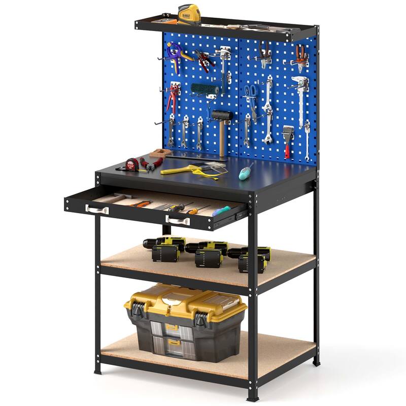 Gymax 32'' x 16'' Workbench w/ Pegboard 20PCS Tool Hooks Drawer & Open - Blue