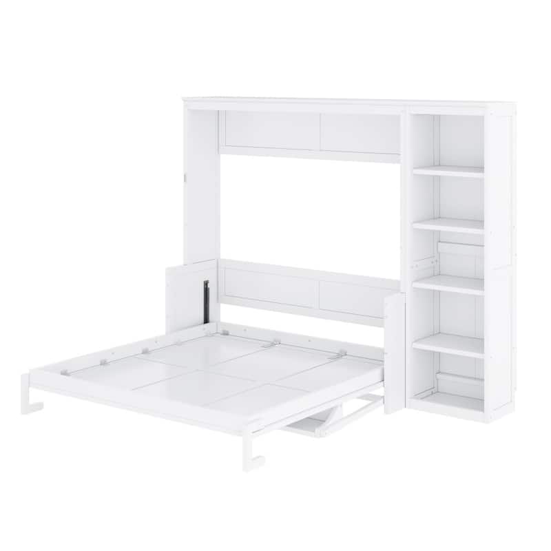 Queen/Full Size Wood Murphy Bed Foldable Wall Bed with Desk and Bookshelf