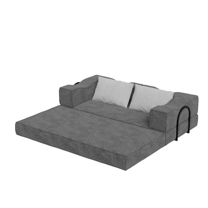80" Convertible Sofa Bed with 2 Pillows, 2-Seat Folding Floor Couch, Multifunctional Chenille Loveseat Living Room Sleeper Sofa