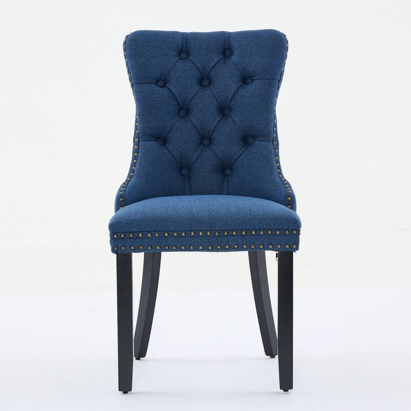 Set of 2 Linen Upholstered Dining Chair with Wood Legs, Nailhead Trim