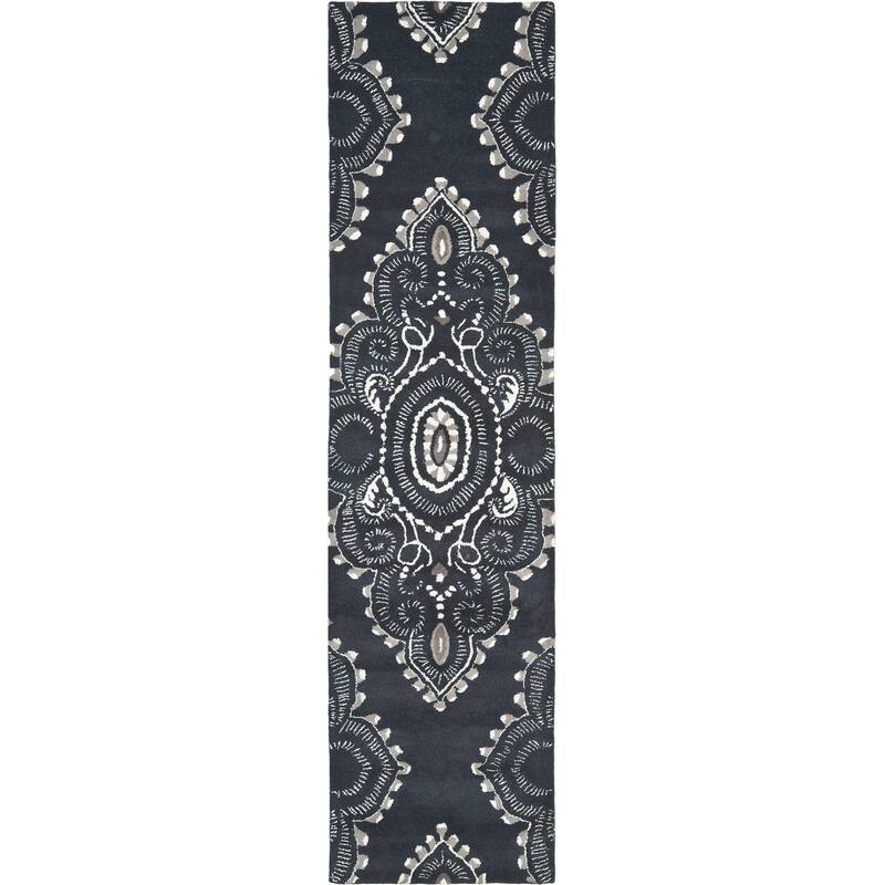 SAFAVIEH Handmade Wyndham Geanina Modern Wool Rug - 2'3" x 11' Runner - Dark Grey/Ivory