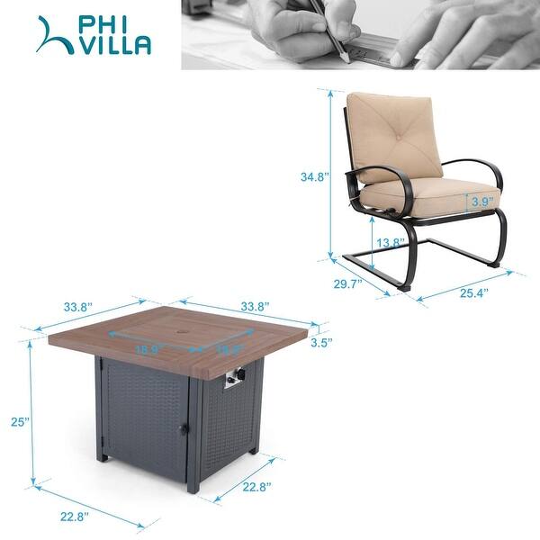 dimension image slide 1 of 2, PHI VILLA Auto-ignition 5-piece Gas Fire Pit Table and Chair Set