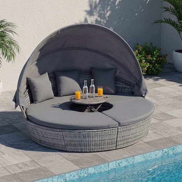 slide 2 of 10, Gymax Patio Round Daybed w/Retractable Canopy Cushions & Throw Pillows Grey