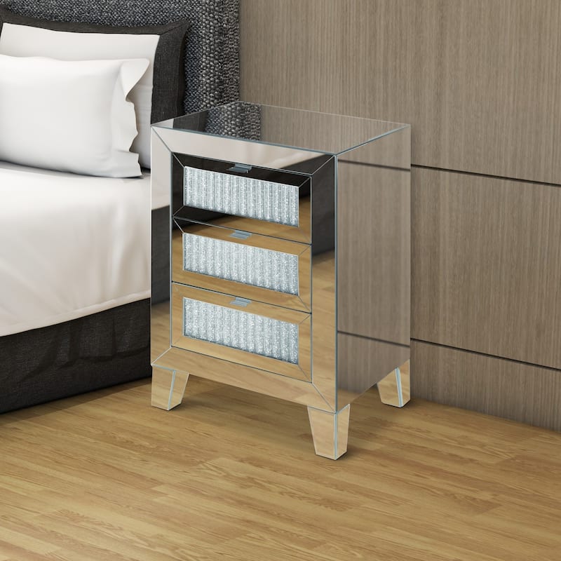 Contemporary Style Wooden Mirrored Night Table with 3 Drawers, Silver