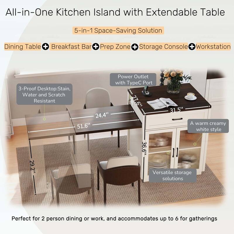 Extendable Dining Table with Tempered Glass Doors,Power Outlet