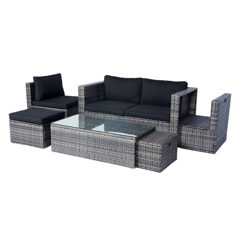 6 Piece Patio Wicker Sectional Set Patio Backyard Conversation Set Space Saving Grey Wicker + Black Cushion