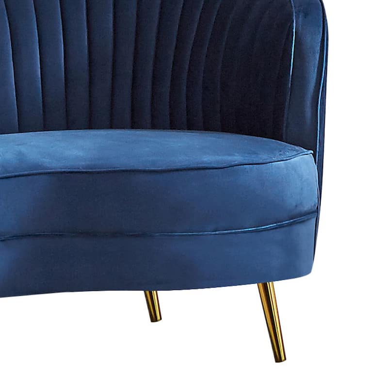 Chad 84 Inch Curved Bean Sofa, Tufted, Camelback, Gold, Royal Blue Velvet