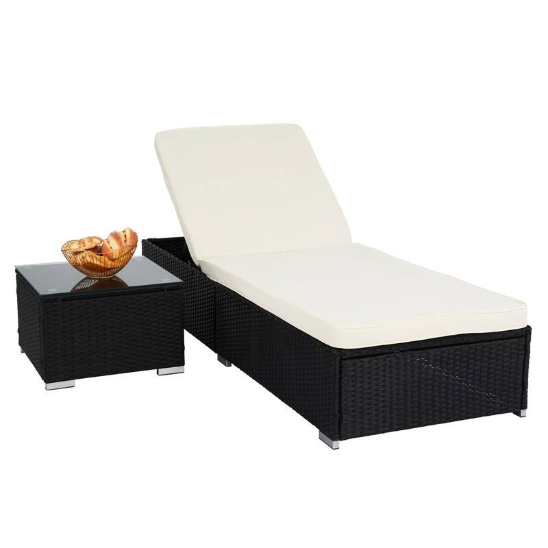 Patio PE Wicker Cushioned Single Chaise Lounge with Table - Black