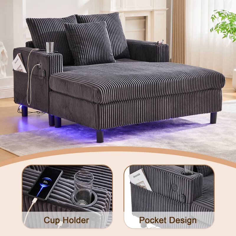 GDFStudio - Corduroy Recliner Sofa with USB Charging, RGB LED Light Strip - Suitable for Living Room and Bedroom