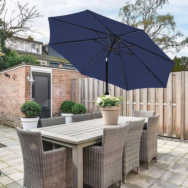9 lighted patio umbrella Blissun ft Solar 32 LED Umbrella Table Market Umbrella with Tilt and Crank Outdoor Umbrella for Garden, Deck, Backyard, Pool and Beach (Navy Blue) : Patio This all Latitude Run 9 ft. LED