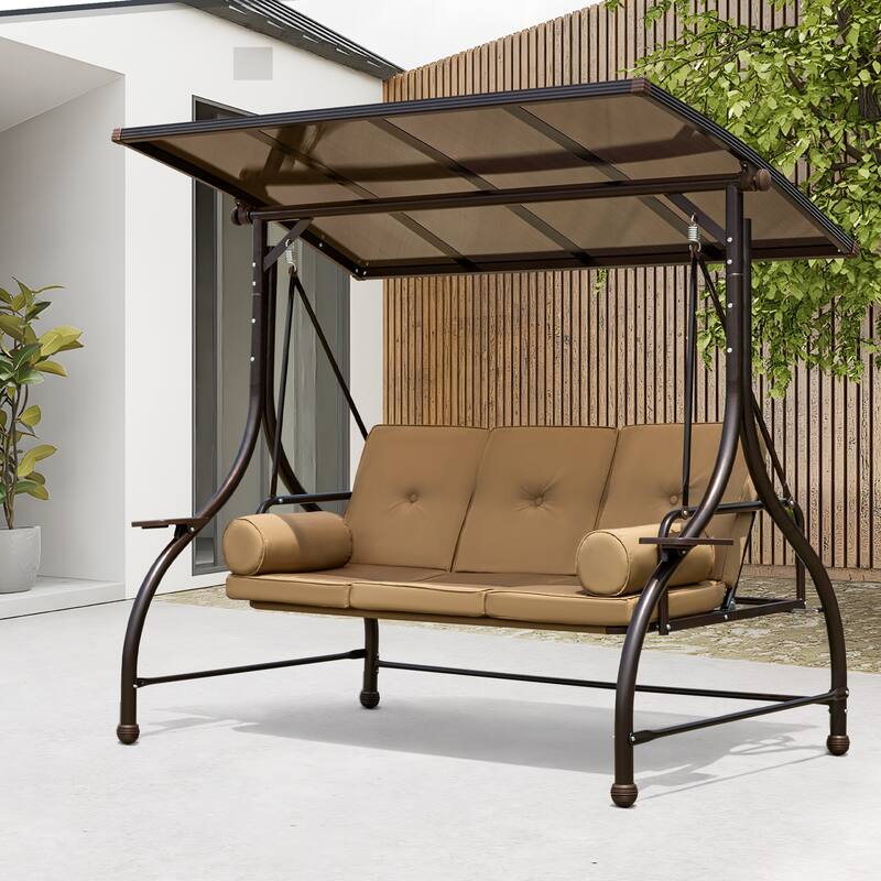 EROMMY Outdoor Patio Swing Bed, Versatile 3-in-1 Design with Adjustable Backrest and Hardtop, Complete with Cushions and Pillow