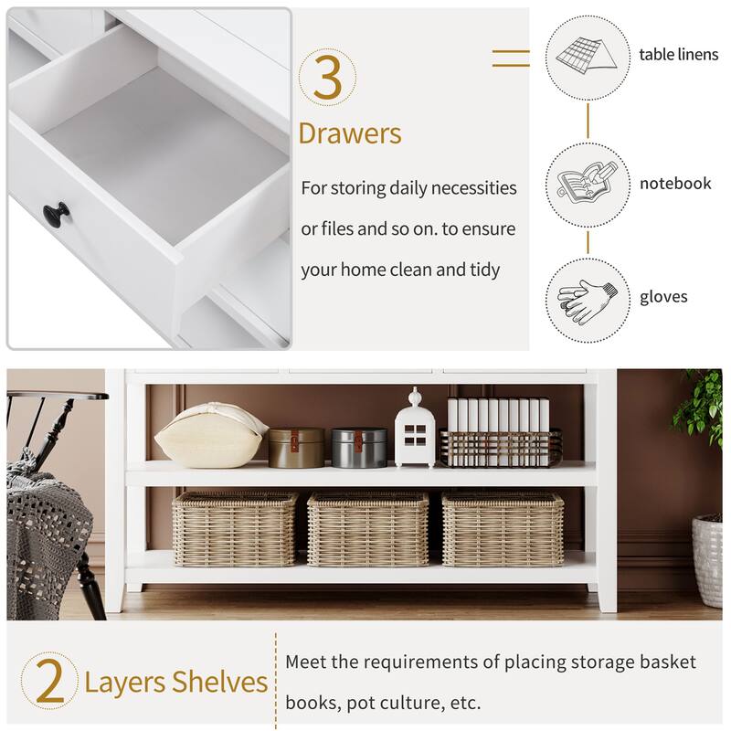 50" Solid Wood Console Table with 3 Drawers & 2 Open Shelves, Mid-Century Side Table Entryway Table for Living Room Entryway