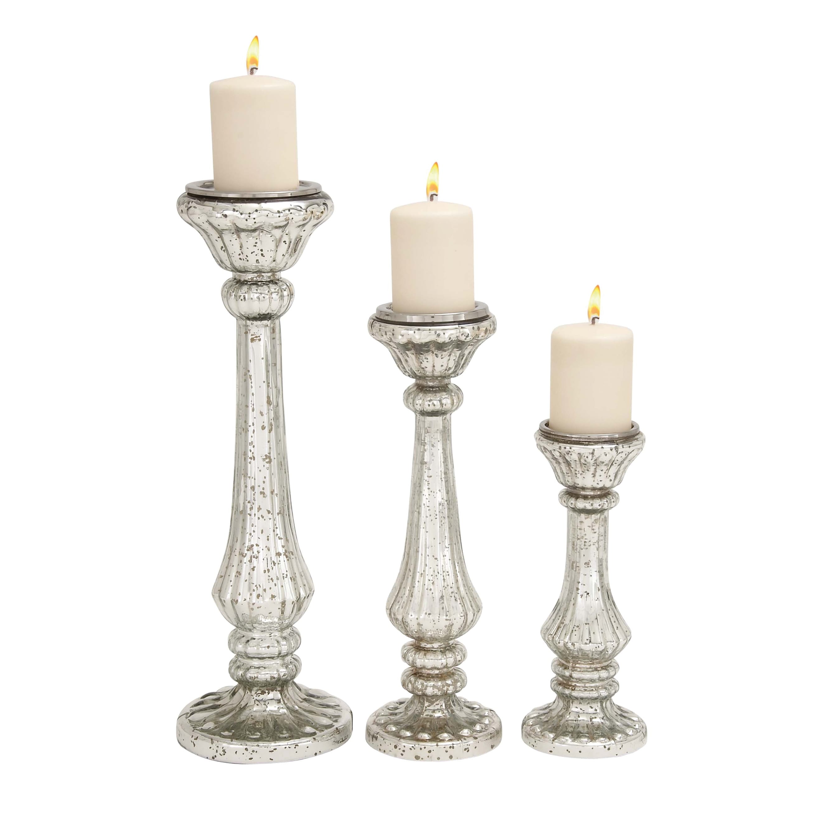 Roche River Decor - Glass Handmade Turned Style Pillar Candle Holder - Set of 3 Silver - 7"W x 7"L x 21"H