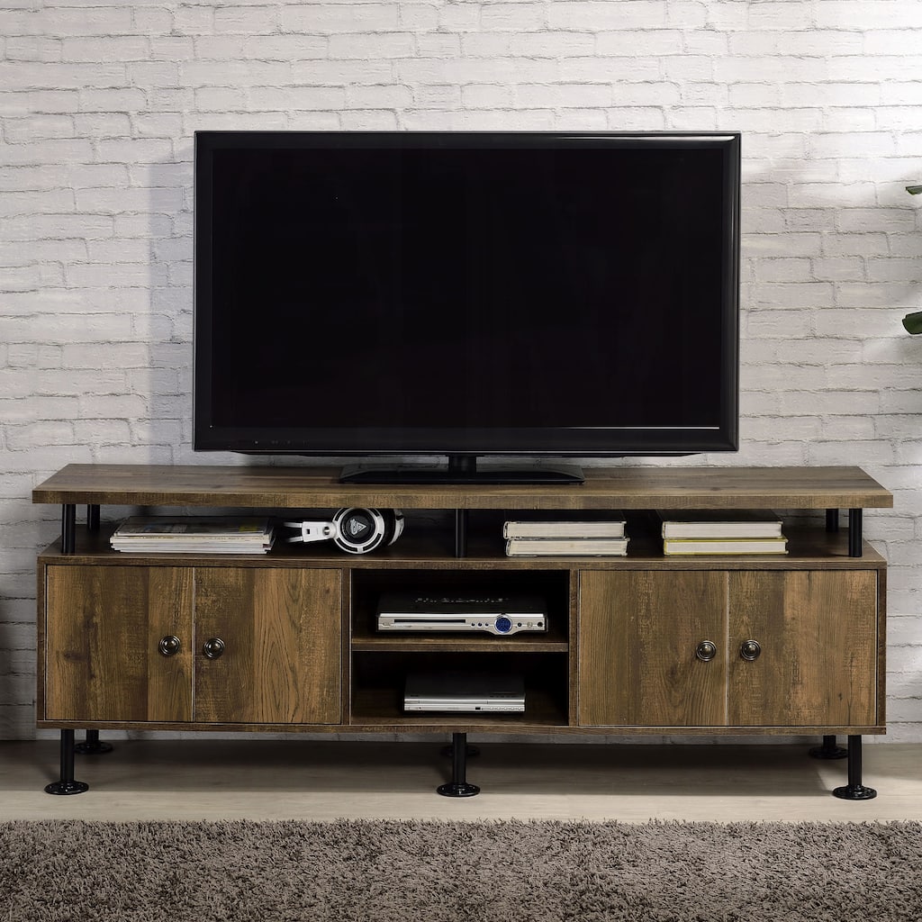 2-Shelf Oak and Black TV Stand with 4 Open Compartments, Industrial Water Pipe Style for TVs up to 60"