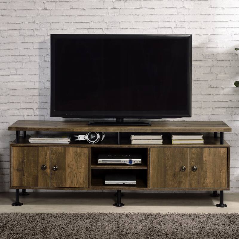 Rustic Oak and Black 2-Shelf TV Stand with Industrial Water Pipe Style, Media Console for 60" TVs with Cable Management - Black
