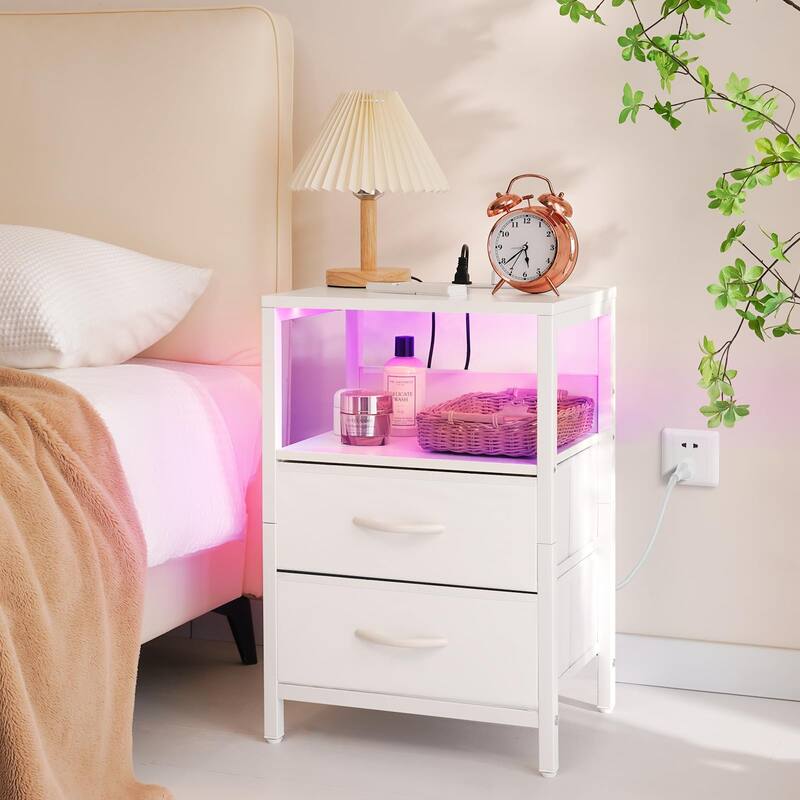 Nightstand with Charging Station,LED Night Stand with Fabric Drawers and Storage Shelf,Nightstands Bedside Tables with USB Ports
