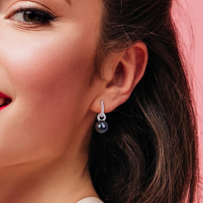 Miadora 9-9.5 mm Black Tahitian Pearl and 1/2 CT TW Diamond Hinged Hoop Link Earrings in 14k White Gold