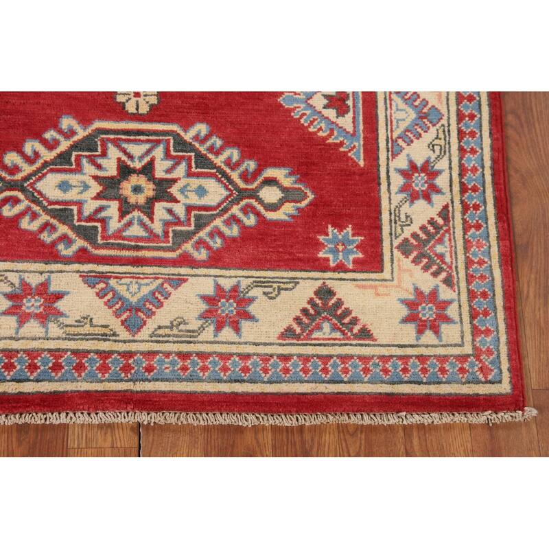 Geometric Red Kazak Accent Rug Hand-Knotted Wool Carpet - 3'4" x 4'9"