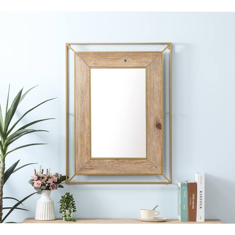 Gold Metal and Natural Wood Rectangular Frame Accent Wall Mirror - 31.89" H x 24.02" W x 1.96" D - 31.89" H x 24.02" W x 1.96" D