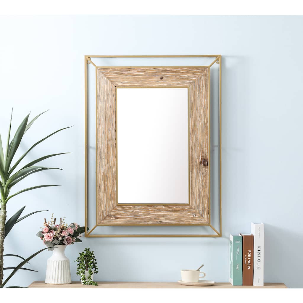 Gold Metal and Natural Wood Rectangular Frame Accent Wall Mirror - 31.89" H x 24.02" W x 1.96" D - 31.89" H x 24.02" W x 1.96" D