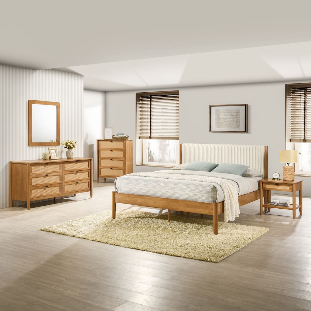 Vichy 5-Piece Rubberwood Bedroom Set with Corduroy Upholstered Queen Bed, Dresser, Mirror, Nightstand, and Chest
