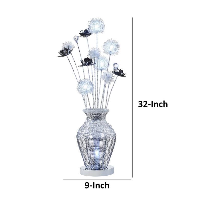 32 Inch Accent Table Lamp, Metal Flowers with Vase Design, Chrome Finish