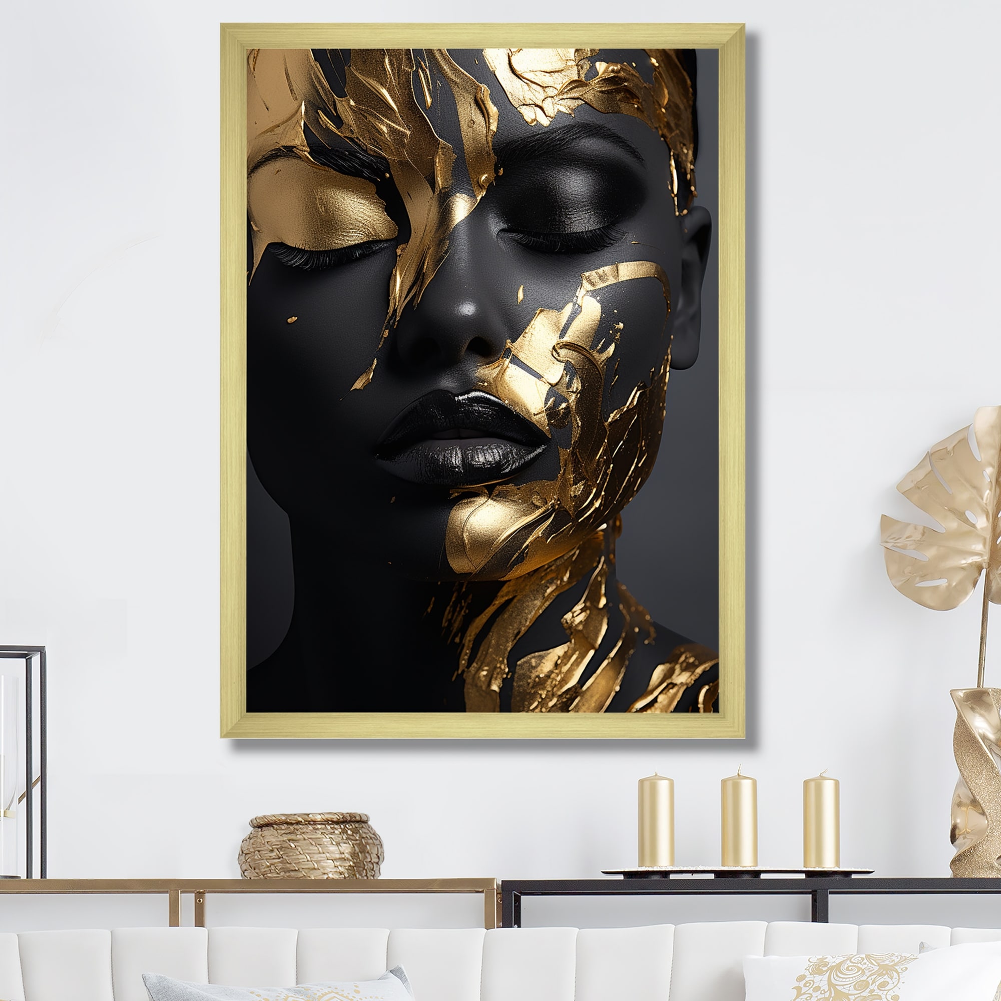 Designart "Black And Gold Gilded Woman Photo II" Woman Wall Decor Gold - Glam Hallway Framed Wall Art Decor