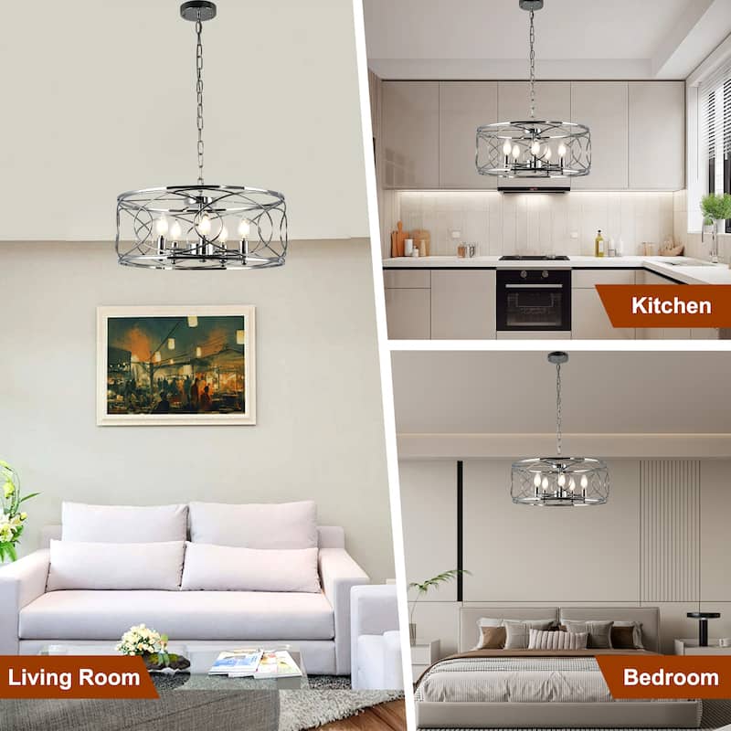 CurveCurio 20" Matte Black Industrial Caged Lights w 5 Lights, Adjustable Hanging Chain up to 70 inch for Dinging Area and Foyer