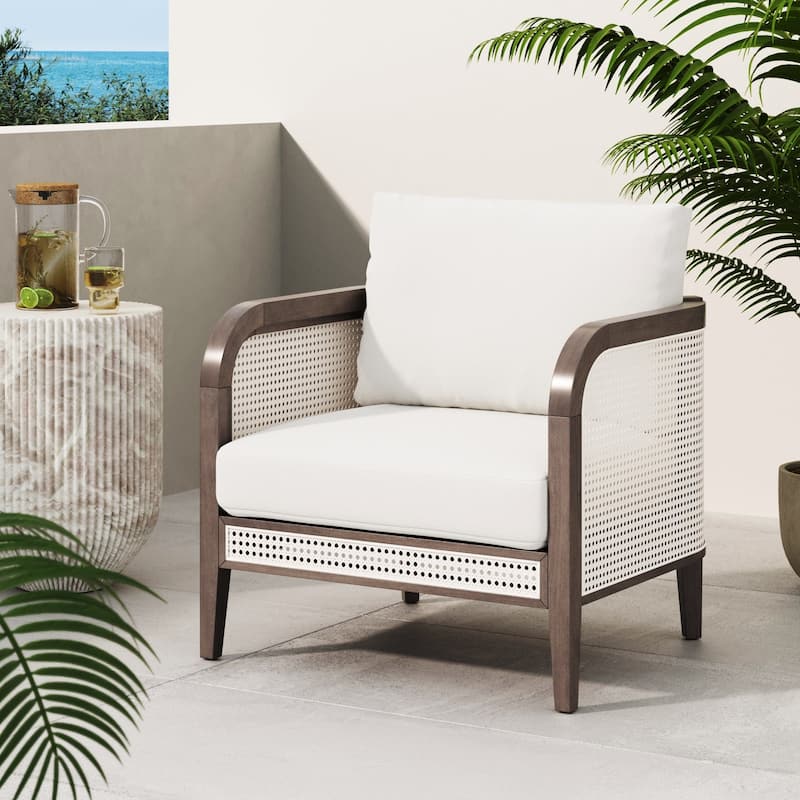 Twila Bohemian Outdoor Upholstered Rattan Patio Seating with Solid Wood Frame - 1 Chair - Linen White/Graphite
