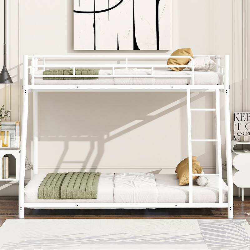 Bunk Bed Frame with Ladder and Guardrail, White Black Optional - Twin over Full - White