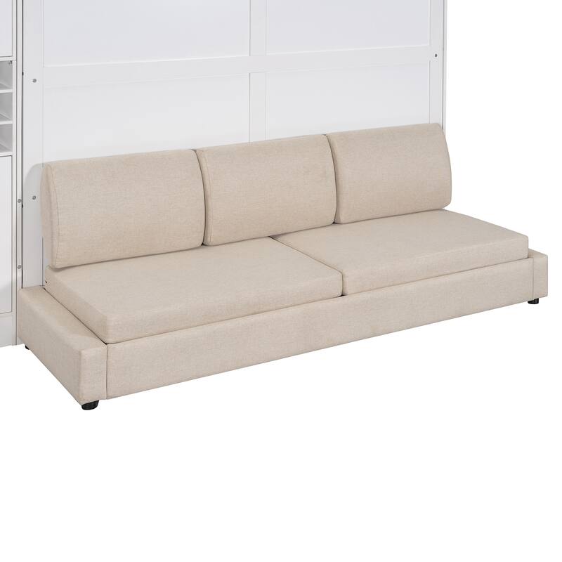Queen Size Wall Bed with Sofa, Shelves, USB & Light, Space-Saving Design, Easy Storage, White