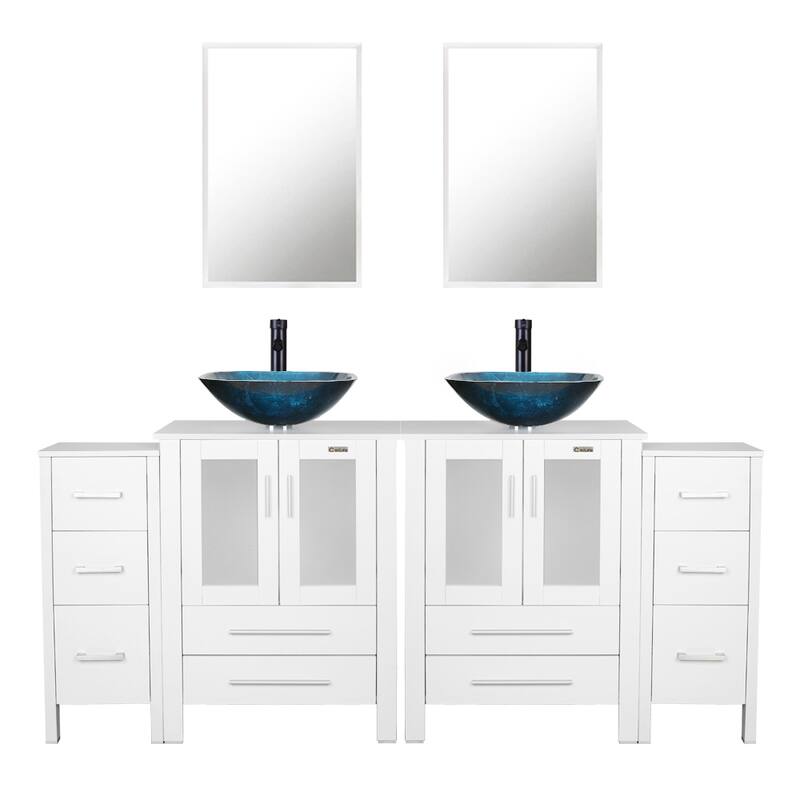 72" Bathroom Vanity Set Vessel Sink Cabinet Mirror Combo - White - turquoise square sink
