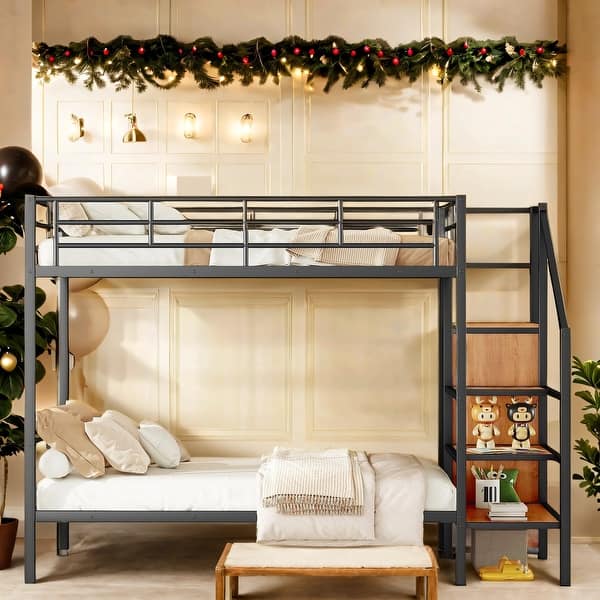 slide 2 of 11, Full Over Full Metal Bunk Bed with Lateral Storage Ladder and Wardrobe, Space Saving Black