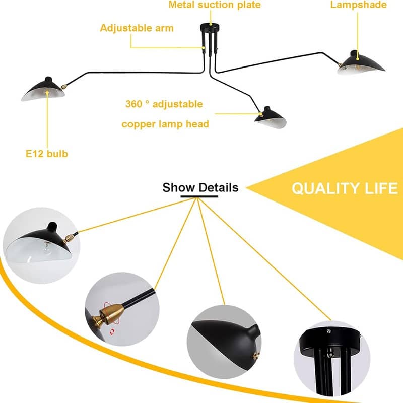 Mid-Century Chandelier, Matt Black Finish with Adjustable 3-Arms Large Pendant Lighting Fixture