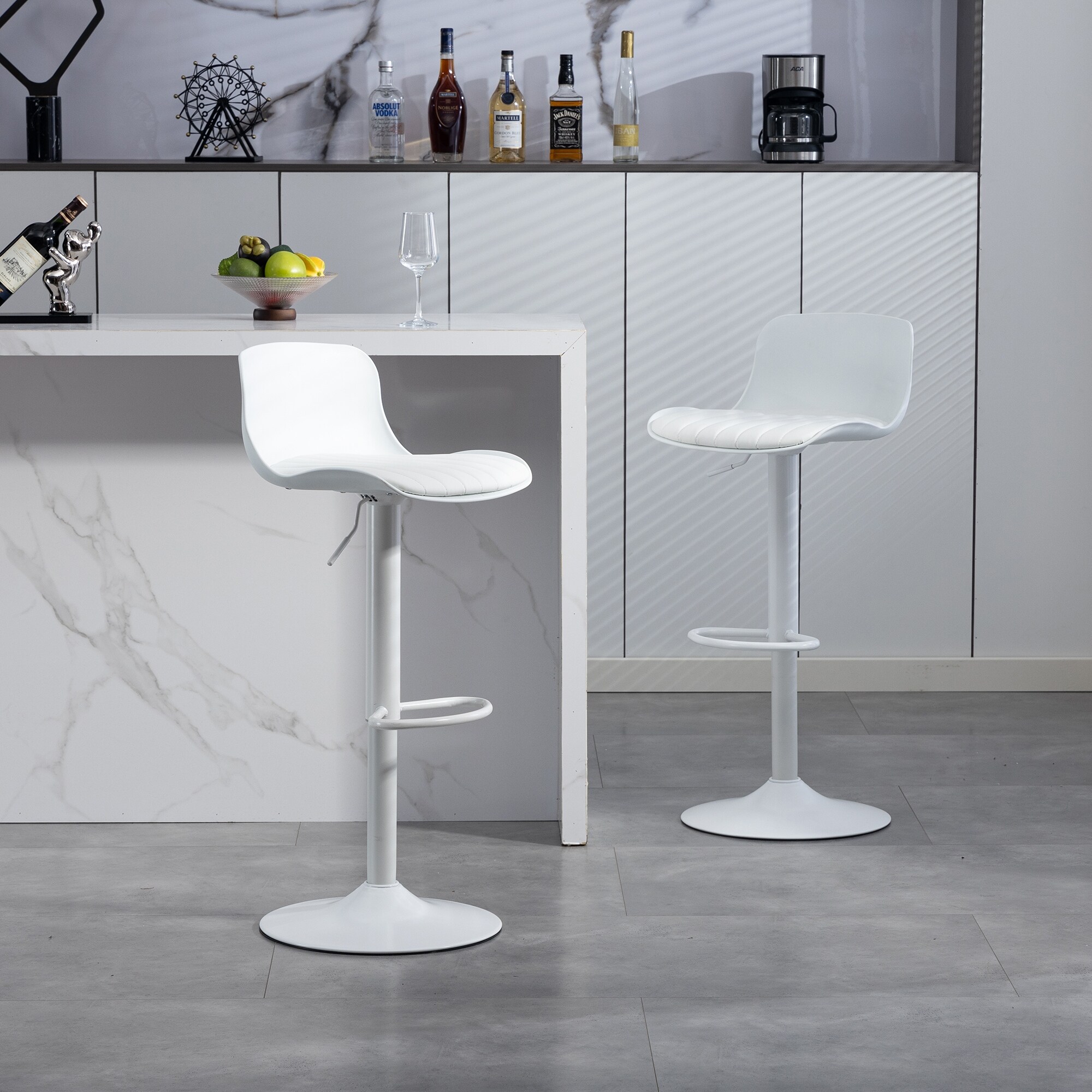 2-Piece Modern PU Leather Counter Height Barstools - High Back, Height-Adjustable Swivel, Armless, Large Base