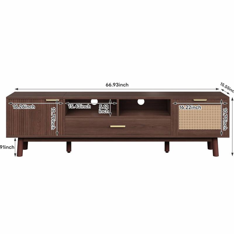75" Wood TV Stand with Soft-Close Doors & Rattan Drawers